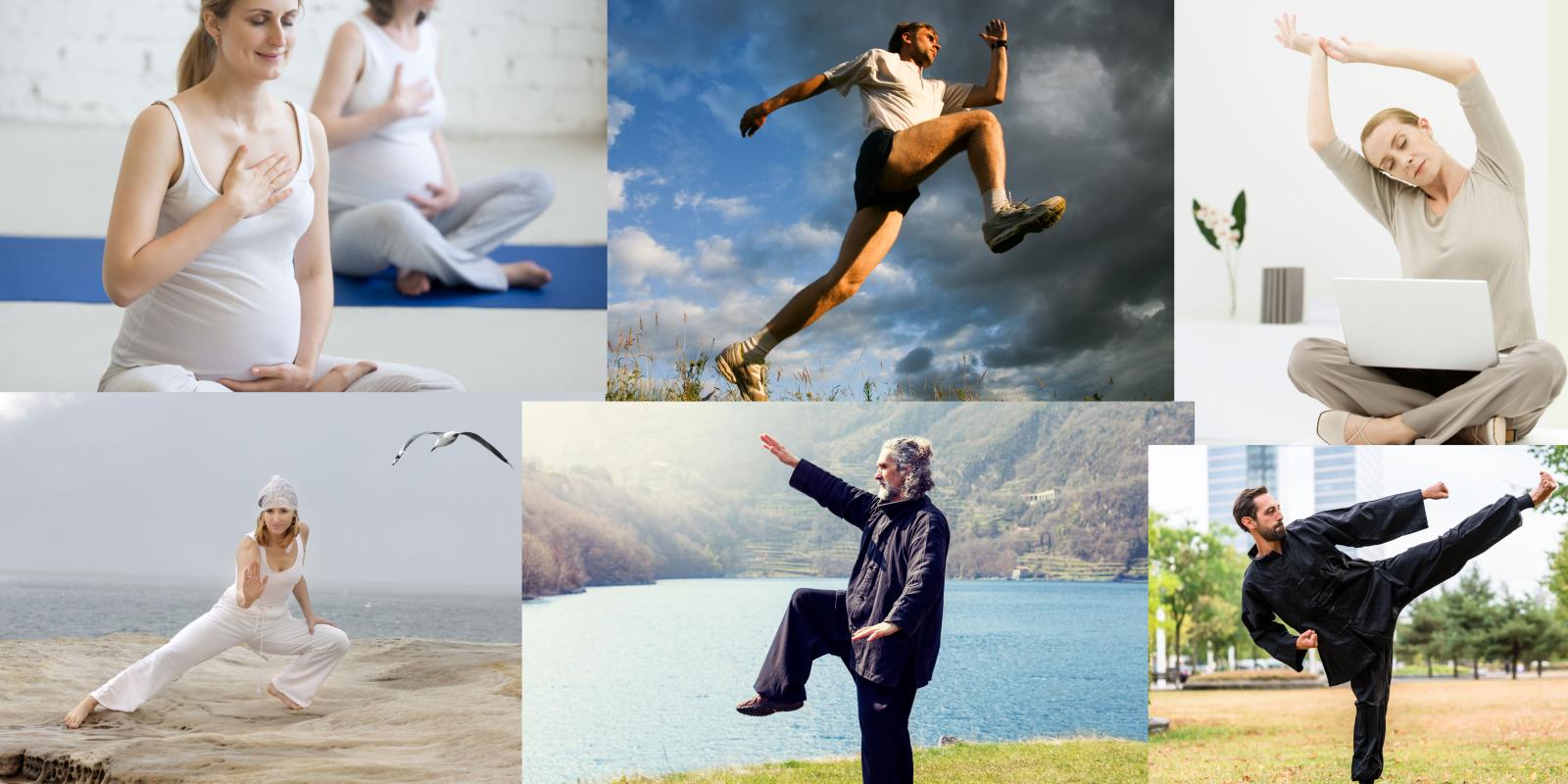 Collage av ulike trenings- og bevegelsesformer, barselyoga, løping, stretching, tai chi og qigong..