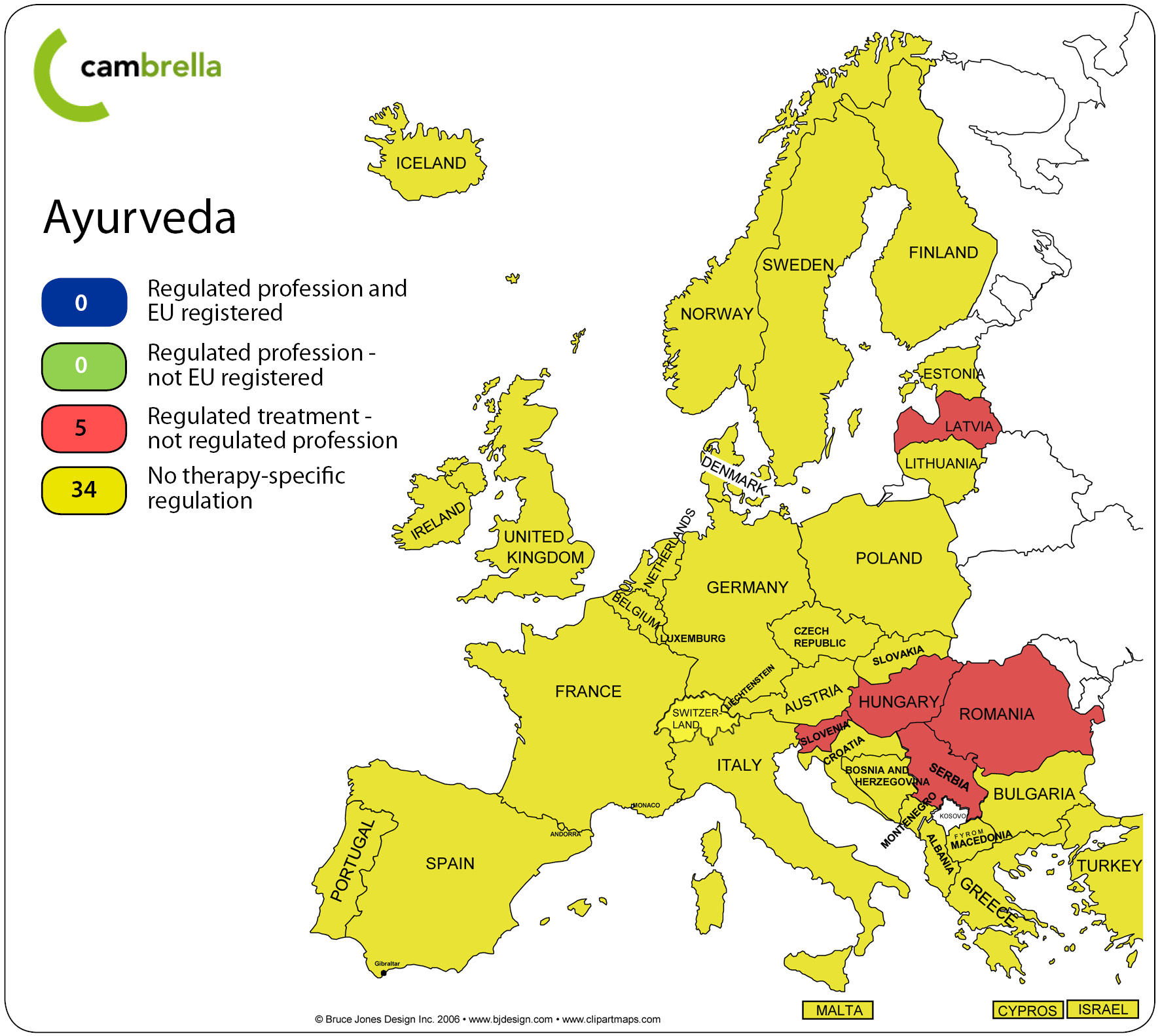 Map of European regulation of ayurveda from the CAMbrella 2012 report