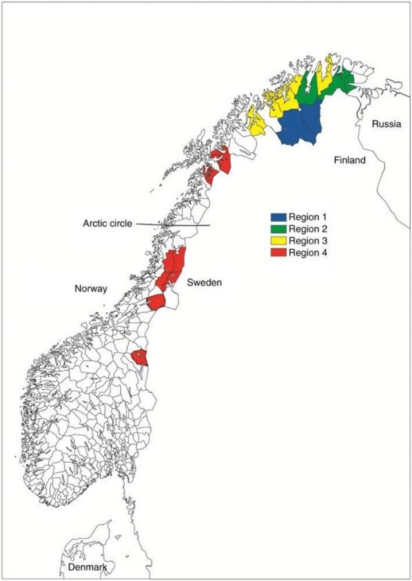 Bilde av de samiske områdene. Copyright: Senter for samisk helseforskning ved UiT