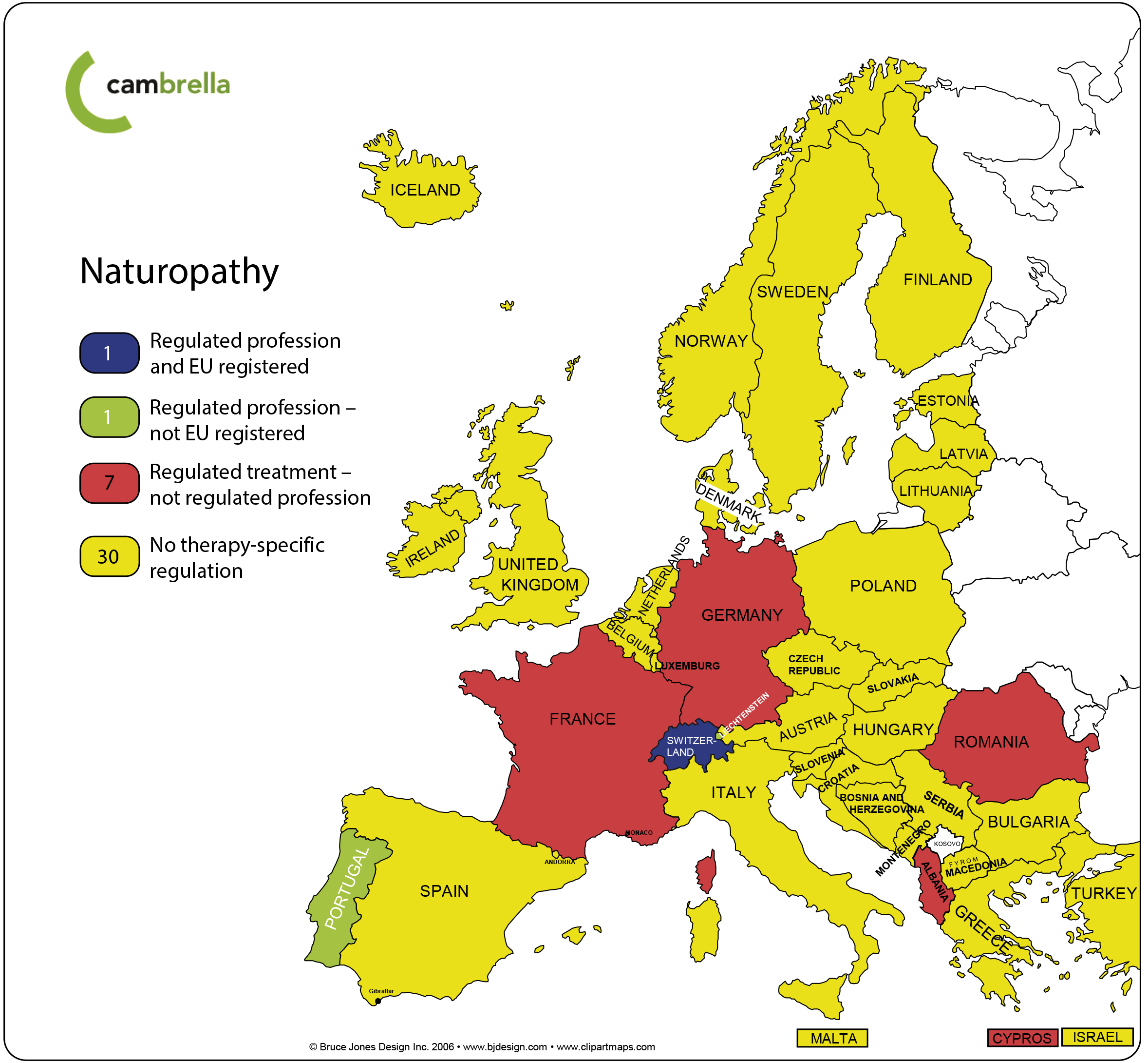 Map of European regulation of naturopathy from the CAMbrella 2012 report