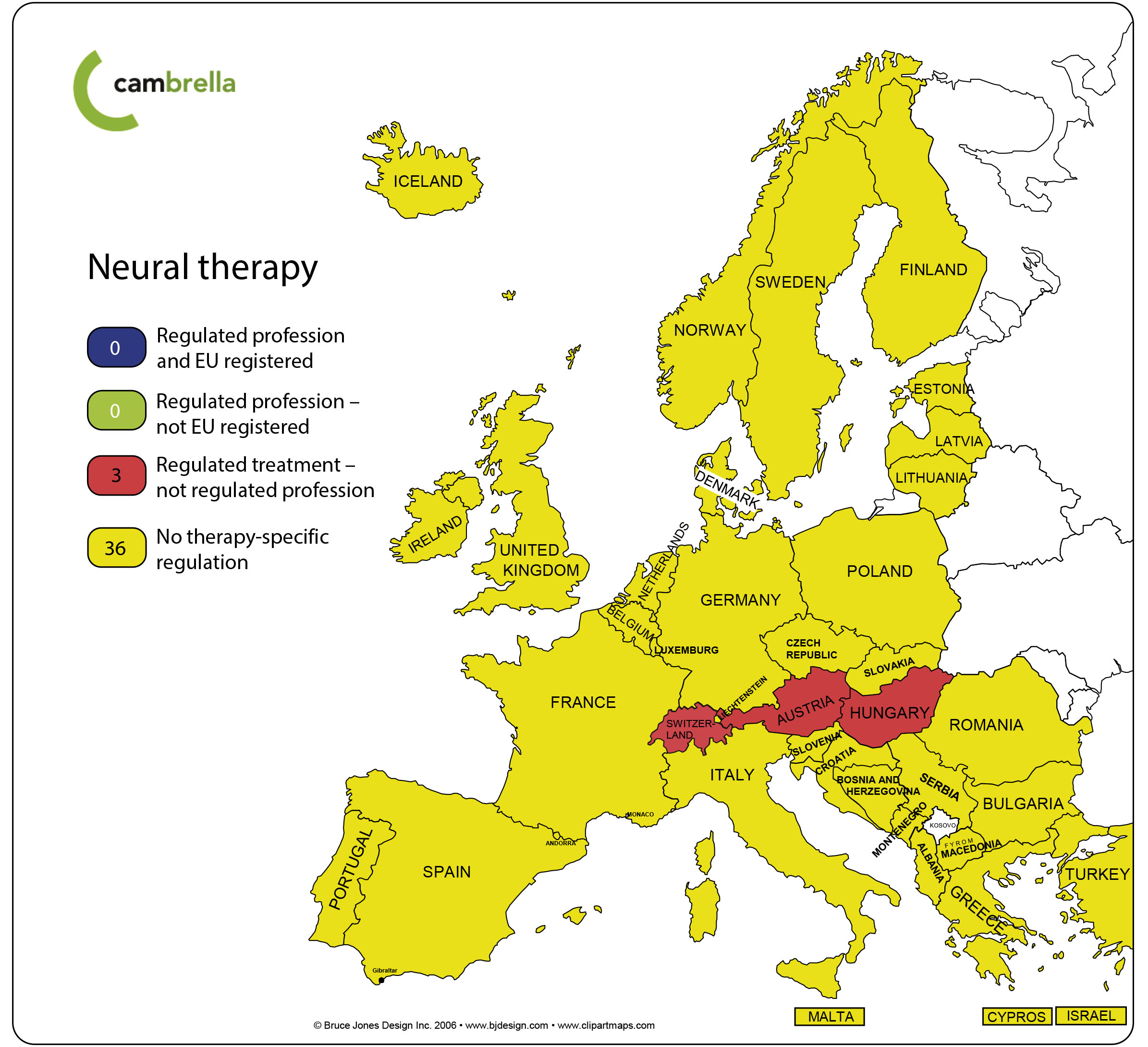 Map of European regulation of neural therapy from the CAMbrella 2012 report