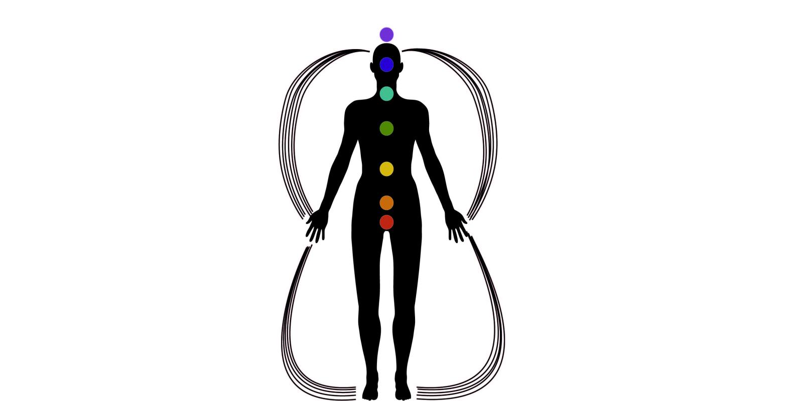Energisentra i kroppen illustrert med farger. Energibaner rundt kroppen, fra hode til hender til føtter.