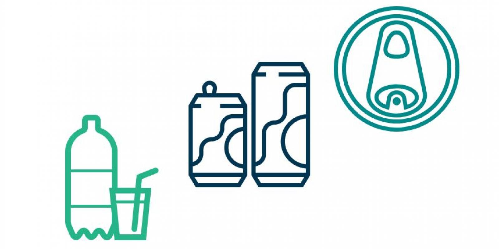 Illustrasjon av ulike typer energidrikker ved bokser og flaske. Laget av Tine Lillegård Bergli 2019.