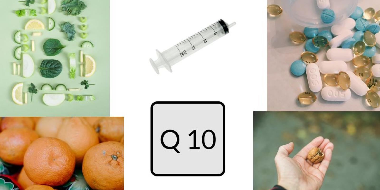 Collage av bilder av injeksjonssprøyte, grønne matvarer, piller, Q10 og aprikoskjerner