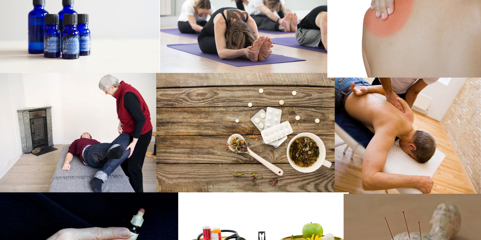Bilder i collage av alternative behandlingsformer. Foto Colourbox og Ingun A. Mæhlum