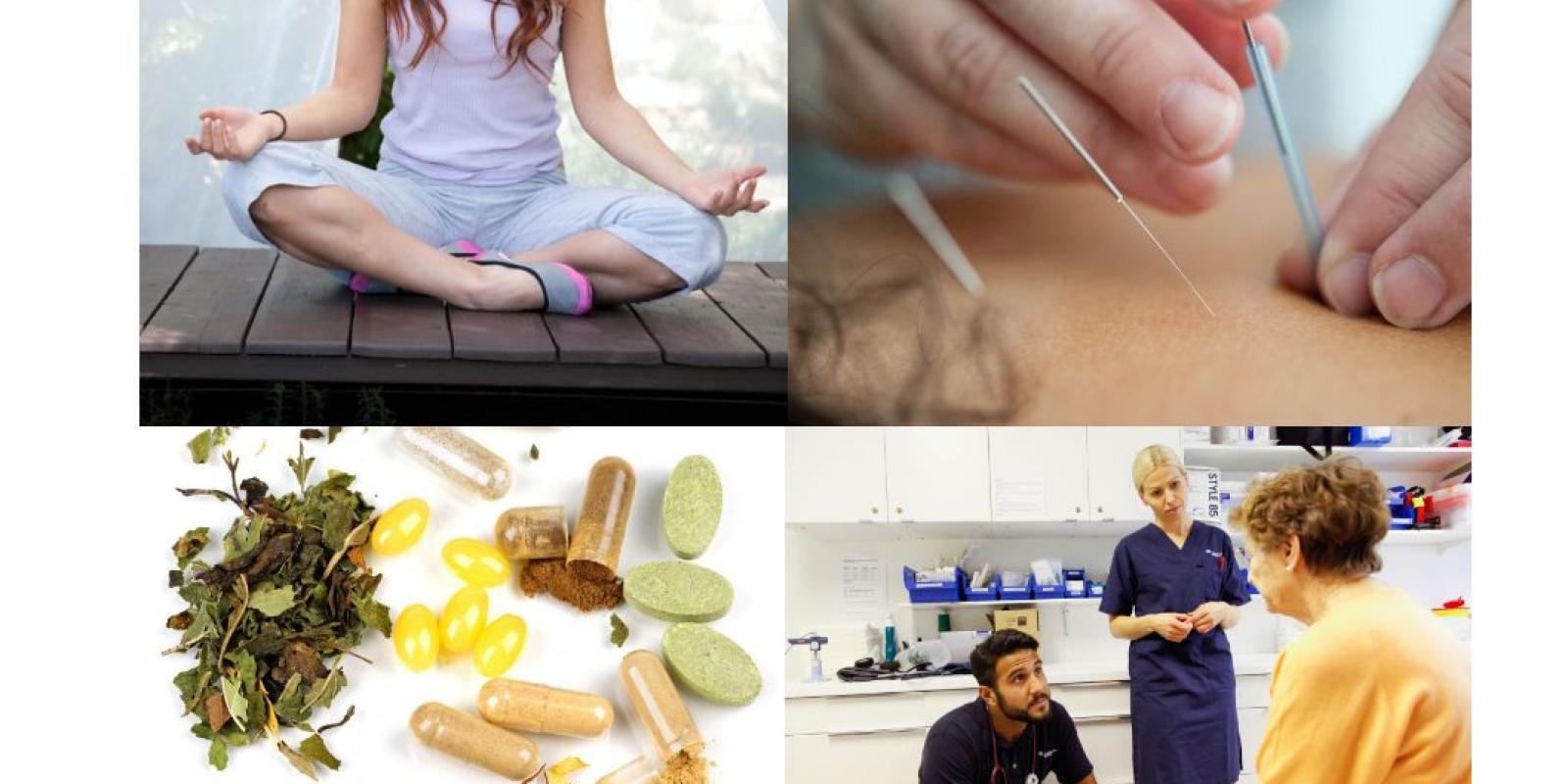 Collage of four photos showing; yoga, acupuncture, herbs and conversation between health personnel and a patient.