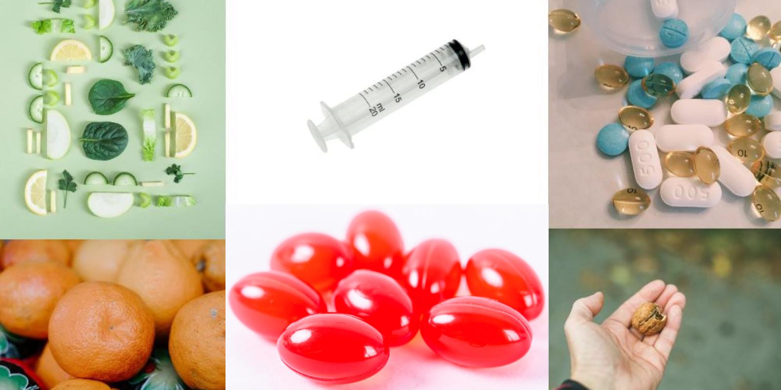 Collage av bilder av injeksjonssprøyte, grønne matvarer, piller, røde Q10-piller og aprikoskjerner