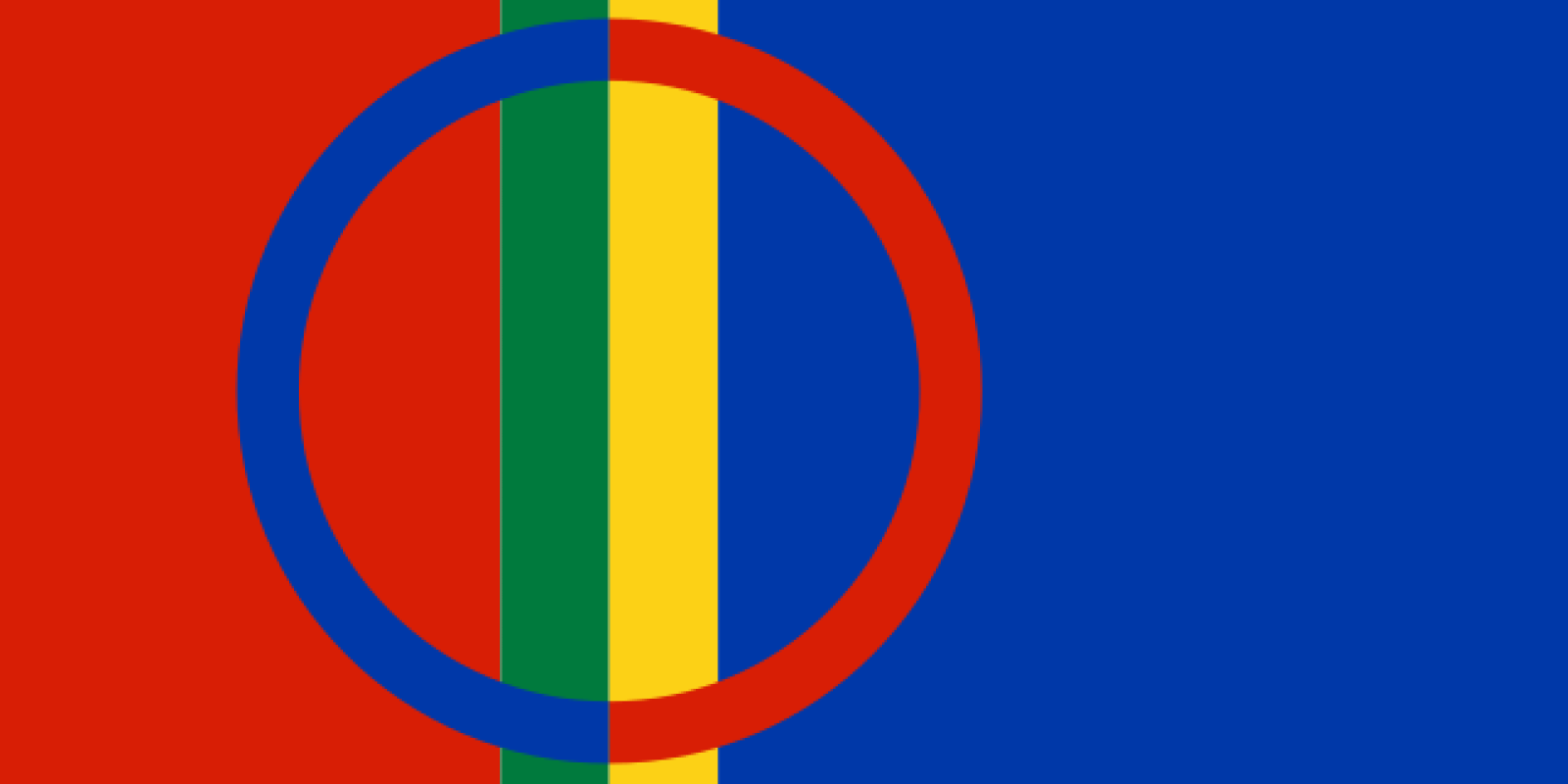 Samisk flagg (rødt, grønt, gult og blått med blå og rød sirkel.