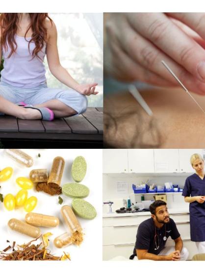Collage of four photos showing; yoga, acupuncture, herbs and conversation between health personnel and a patient.