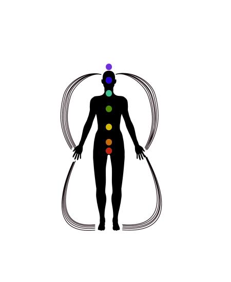 Energisentra i kroppen illustrert med farger. Energibaner rundt kroppen, fra hode til hender til føtter.