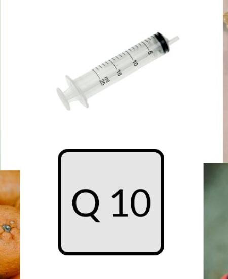 Collage av bilder av injeksjonssprøyte, matvarer, Q10 og aprikoskjerner