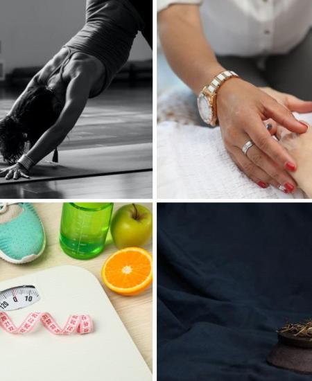 Bilde 1: Svart/hvitt av en kvinne i nedadgående hundestilling. Bilde 2: Akupunktuør setter akupunkturnål i en hånd. Bilde 3: Et målebånd på en vekt omrunget av joggesko og frukt. Bilde 4: En apotekerflaske.