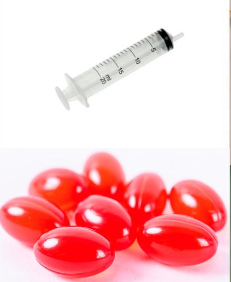 Collage av bilder av injeksjonssprøyte, grønne matvarer, piller, røde Q10-piller og aprikoskjerner