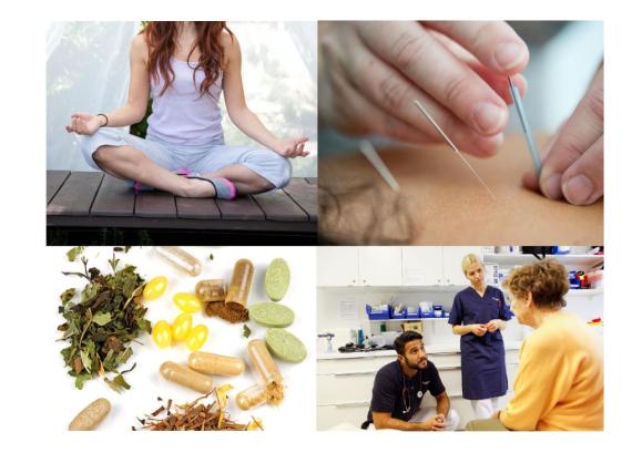 Collage of four photos showing; yoga, acupuncture, herbs and conversation between health personnel and a patient.