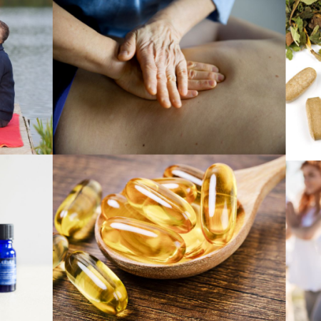 Collage: Mann som mediterer, hender som masserer en rygg, urter, kapsler med fiskeolje, blomstermedisin på flasker og mennesker som gjør yoga på en strand.