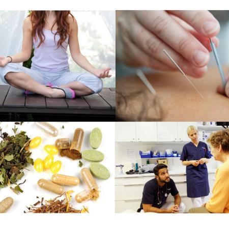 Kollasj av fire bilder som viser ulike behandlingssituasjoner; yoga, akupunktur, urter og samtale med helsepersonell