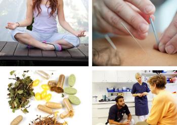 Photos showing woman meditating, herbs and pills, acupuncture needles, and a patient consulting healthcare professionals